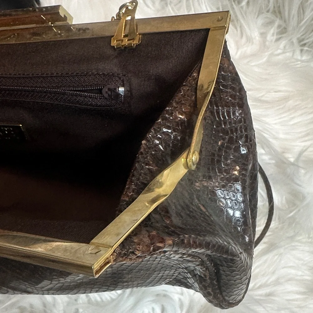 Preloved Elegant Vintage Italian Leather Brown Snakeskin Clutch Bag - Picture 8 of 16